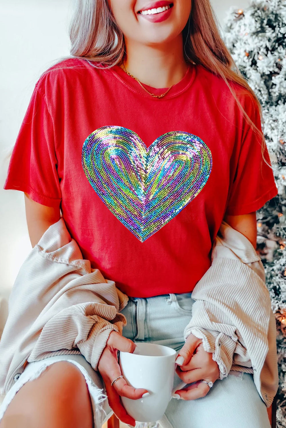 Red Rainbow Sequin Heart Shape Crew Neck T Shirt Red-2 62%Polyester+32%Cotton+6%Elastane Graphic Sweatshirts JT's Designer Fashion