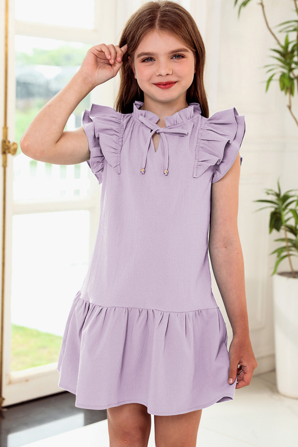 Tie Neck Flutter Sleeve Dress Lilac Girls Dresses JT's Designer Fashion