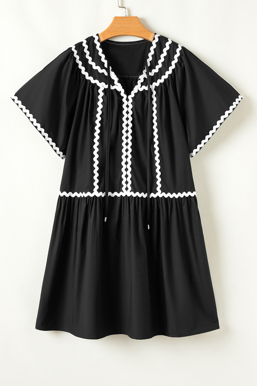 Black Contrast Ricrac Trim Short Sleeve V Neck Loose Mini Dress Mini Dresses JT's Designer Fashion