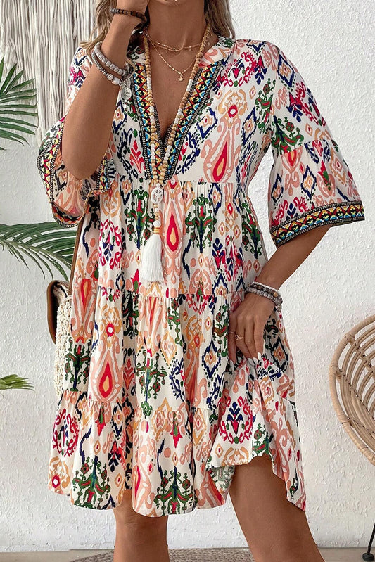 Multicolour Boho Print V Neck Bracelet Sleeve Mini Dress Mini Dresses JT's Designer Fashion