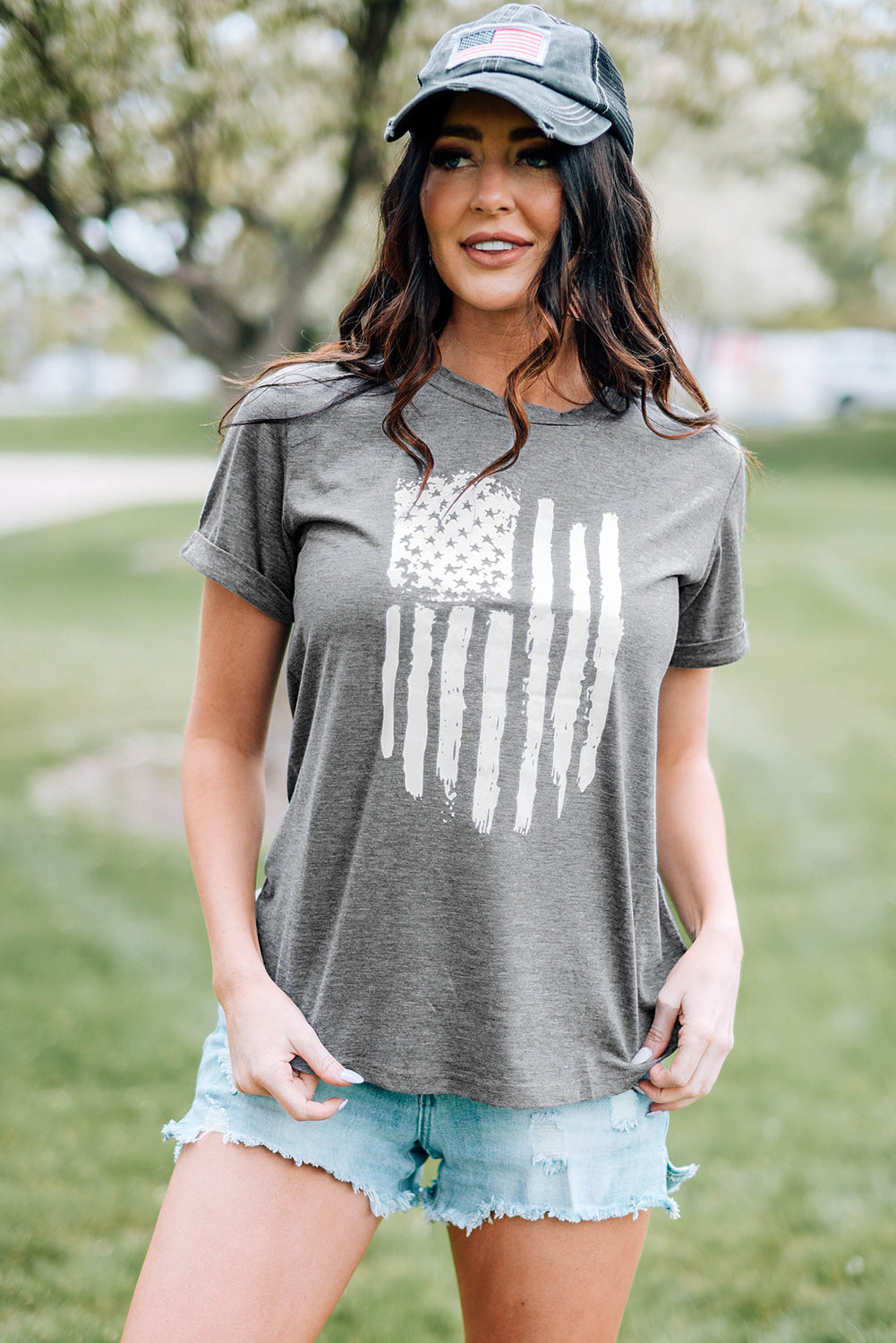 Gray America Flag Print Crewneck T-shirt Graphic Tees JT's Designer Fashion