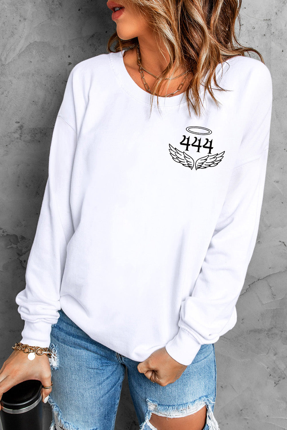 White Angel 444 Graphic Print Crewneck Pullover Sweatshirt Graphic Sweatshirts JT's Designer Fashion