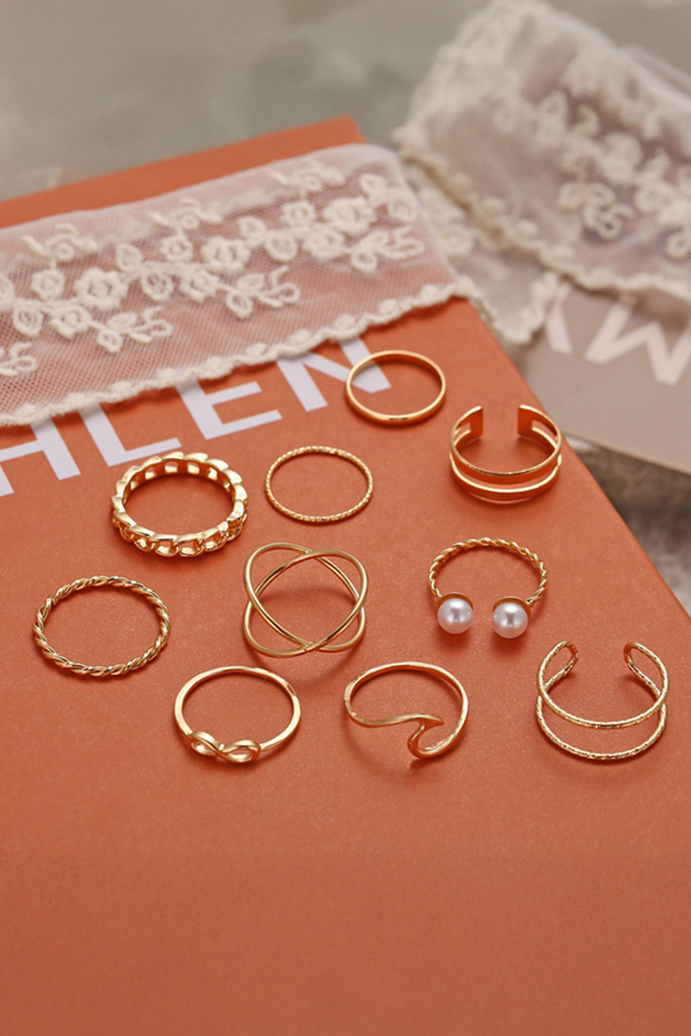 Gold 10pcs/set Vintage Plated Alloy Ring Set Jewelry JT's Designer Fashion