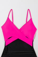 Rose Red Crossover Colorblock Cutout One Piece Swimsuit Swimwear JT's Designer Fashion