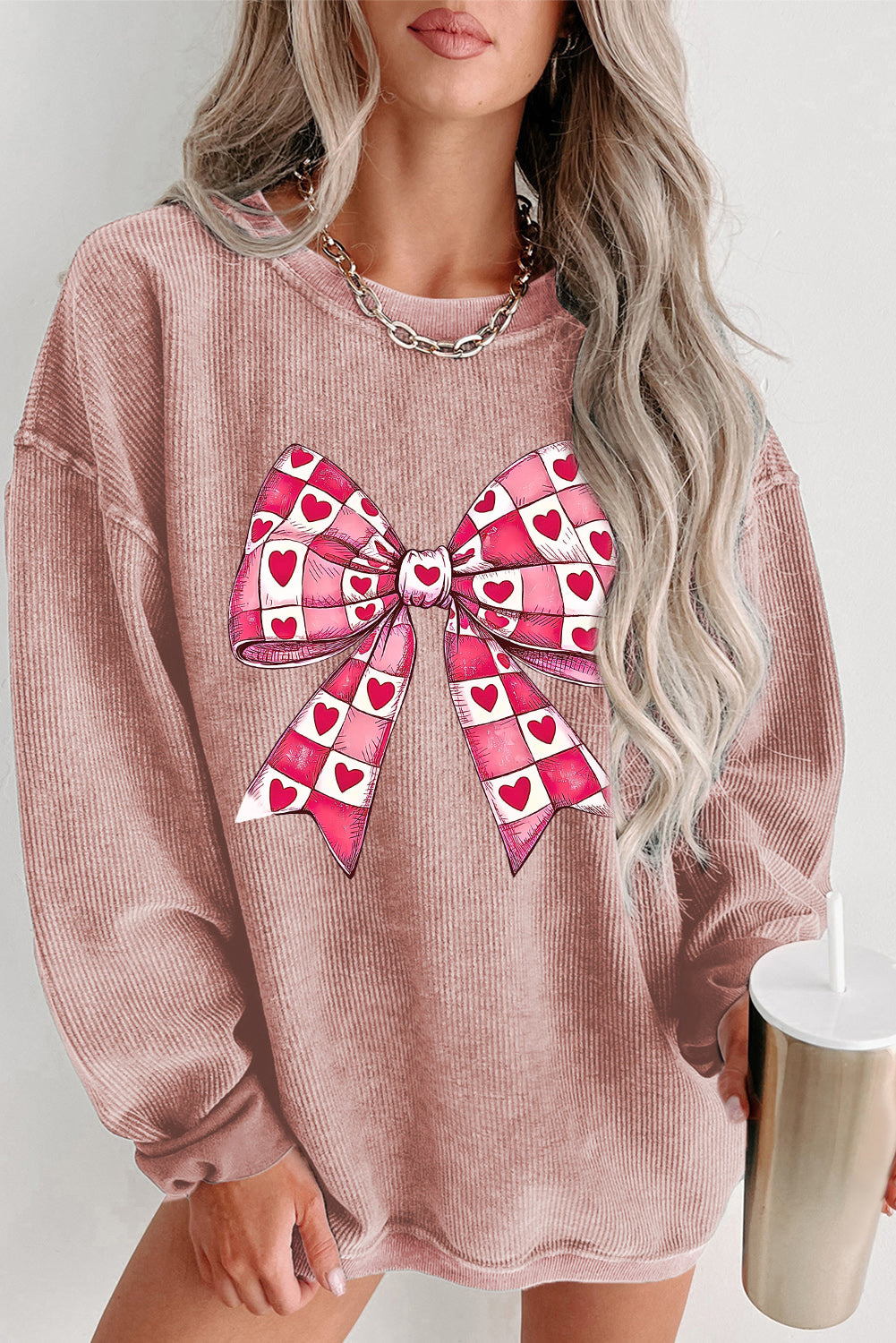 Pink Valentines Heart Checkered Bow Pattern Corded Baggy Sweatshirt Pink 100%Polyester Graphic Sweatshirts JT's Designer Fashion