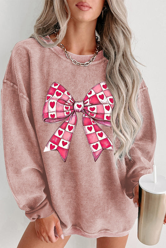 Pink Valentines Heart Checkered Bow Pattern Corded Baggy Sweatshirt Pink 100%Polyester Graphic Sweatshirts JT's Designer Fashion