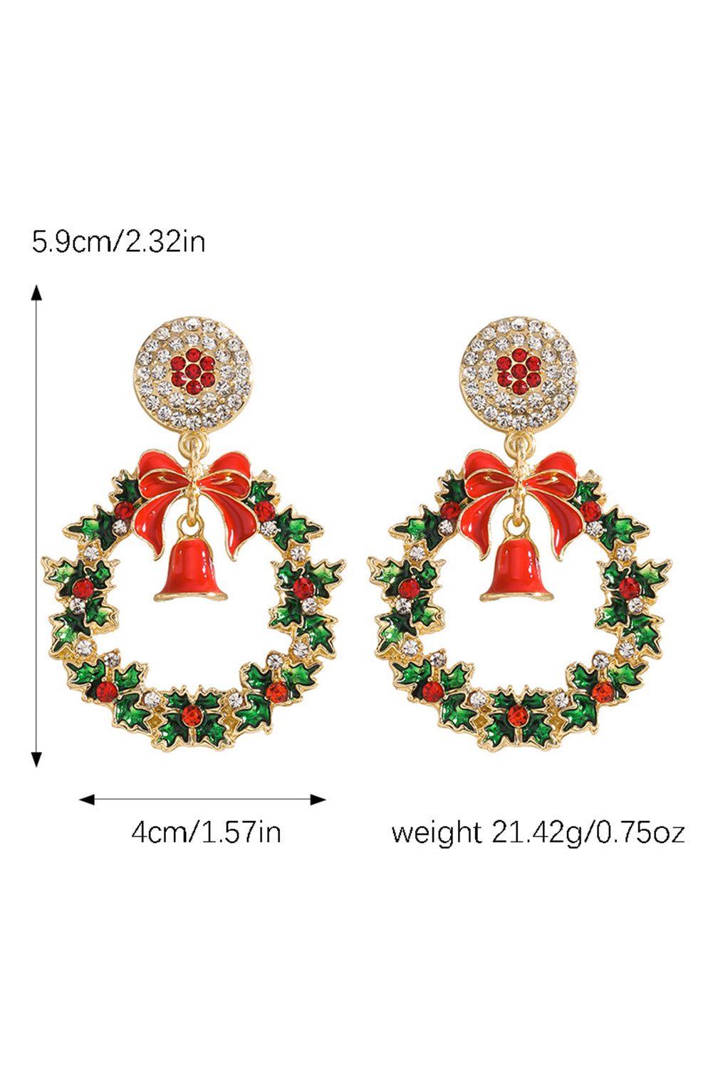 Racing Red Christmas Wreath Bell Rhinestone Stud Dangle Earrings Jewelry JT's Designer Fashion