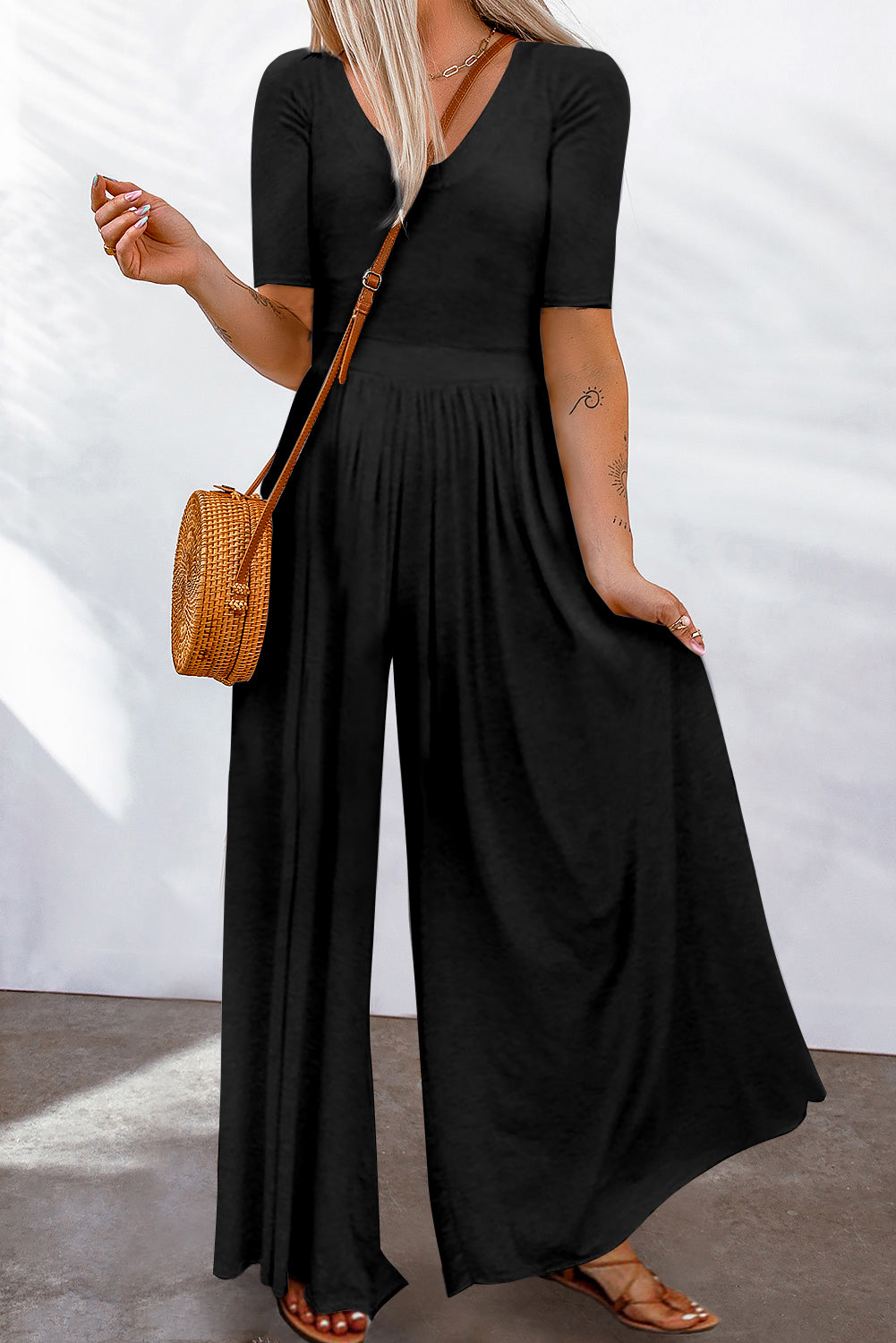 Black Short Sleeve Bodice Flowy Wide Leg Jumpsuit Black 100%Polyester Jumpsuits & Rompers JT's Designer Fashion