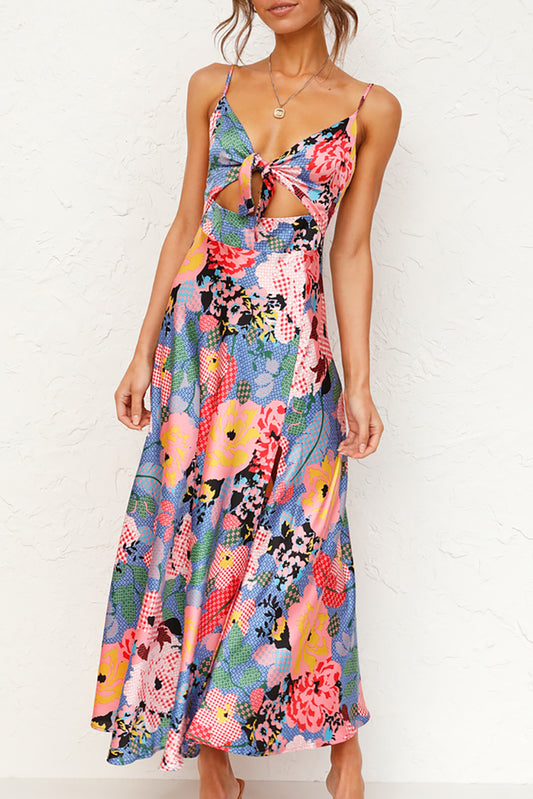 Multicolor Floral Print Bust Knot Long Dress with Slit Floral Dresses JT's Designer Fashion