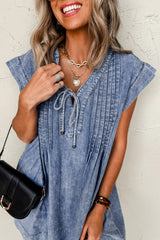 Beau Blue Tie V Neck Tucking Detail Short Sleeve Denim Shift Dress Mini Dresses JT's Designer Fashion