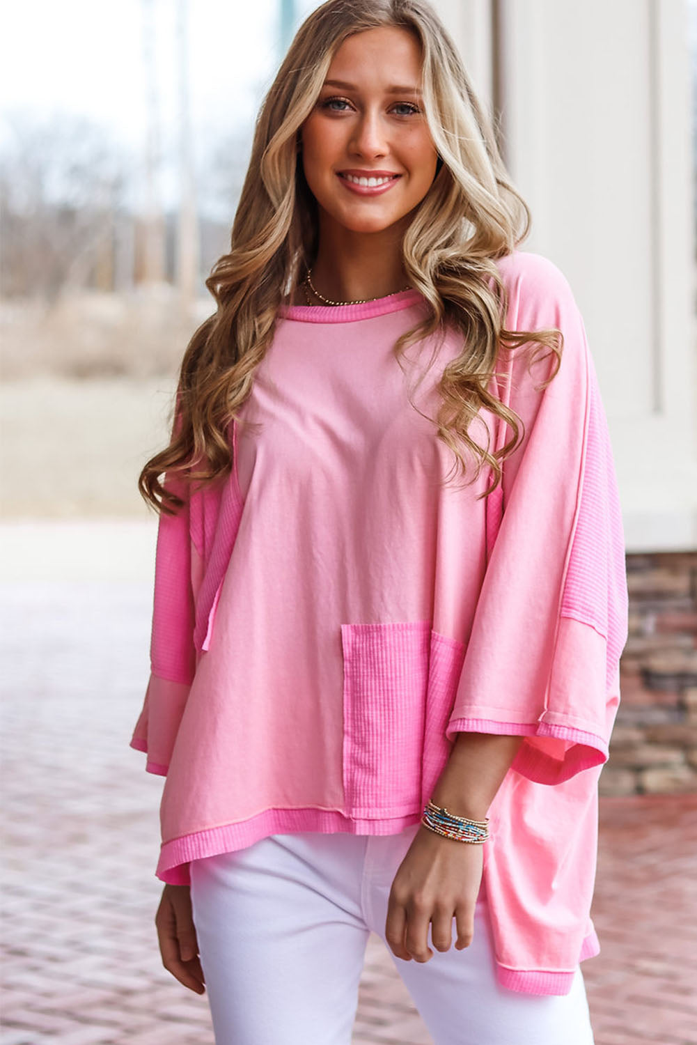 Pink Color Block Patchwork 3/4 Sleeve Loose Top Tops & Tees JT's Designer Fashion