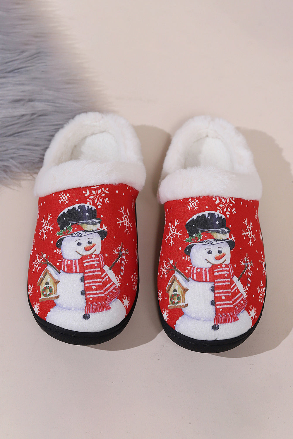 Fiery Red Christmas Snowman Print Plush Home Slippers Slippers JT's Designer Fashion