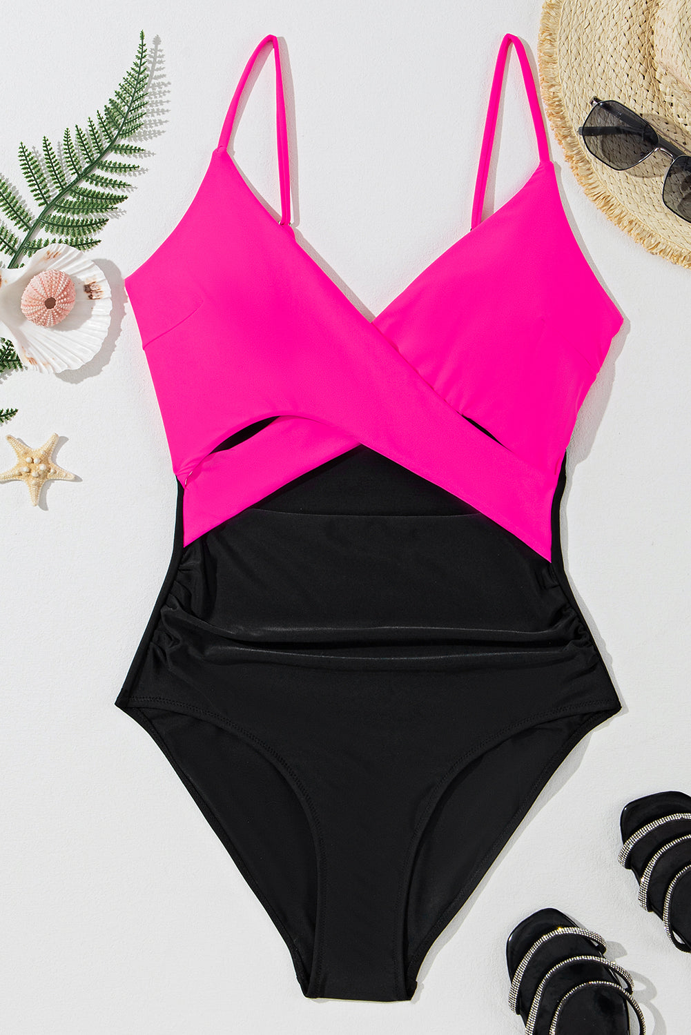 Rose Red Crossover Colorblock Cutout One Piece Swimsuit Swimwear JT's Designer Fashion