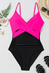 Rose Red Crossover Colorblock Cutout One Piece Swimsuit Swimwear JT's Designer Fashion