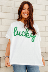 White Lucky Tinsel Graphic St Patrick Fashion Tee Graphic Tees JT's Designer Fashion