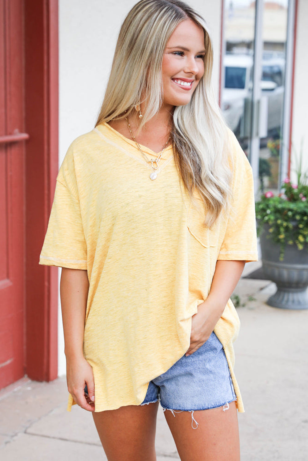 Yellow Cream Thermal Knit V Neck Plus Size Tee Plus Size JT's Designer Fashion