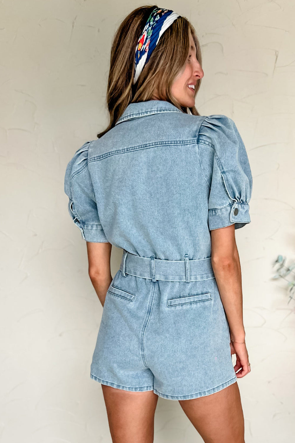 Beau Blue Vintage Washed Puff Sleeve Sashed Denim Romper Pre Order Bottoms JT's Designer Fashion