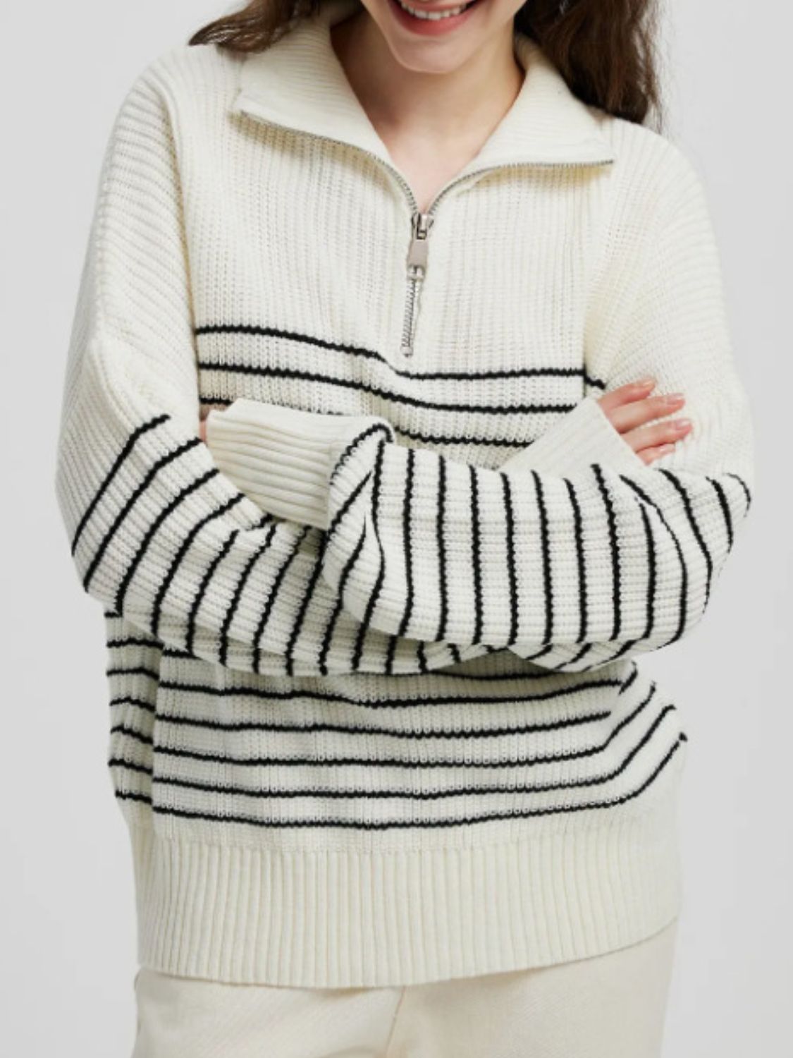 Striped Half Zip Long Sleeve Sweater Long Sleeve Tops JT's Designer Fashion