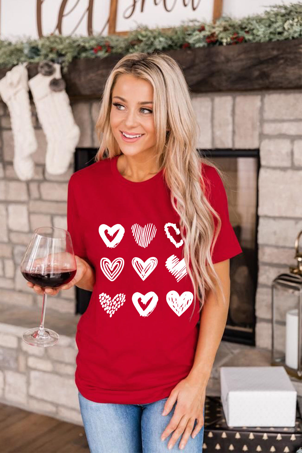 Fiery Red Valentines Heart Pattern Graphic Tee Graphic Tees JT's Designer Fashion