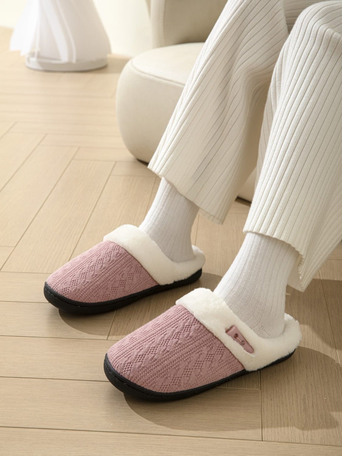 Horn Buckle Furry Texture Flat Slippers Dusty Pink Slippers JT's Designer Fashion