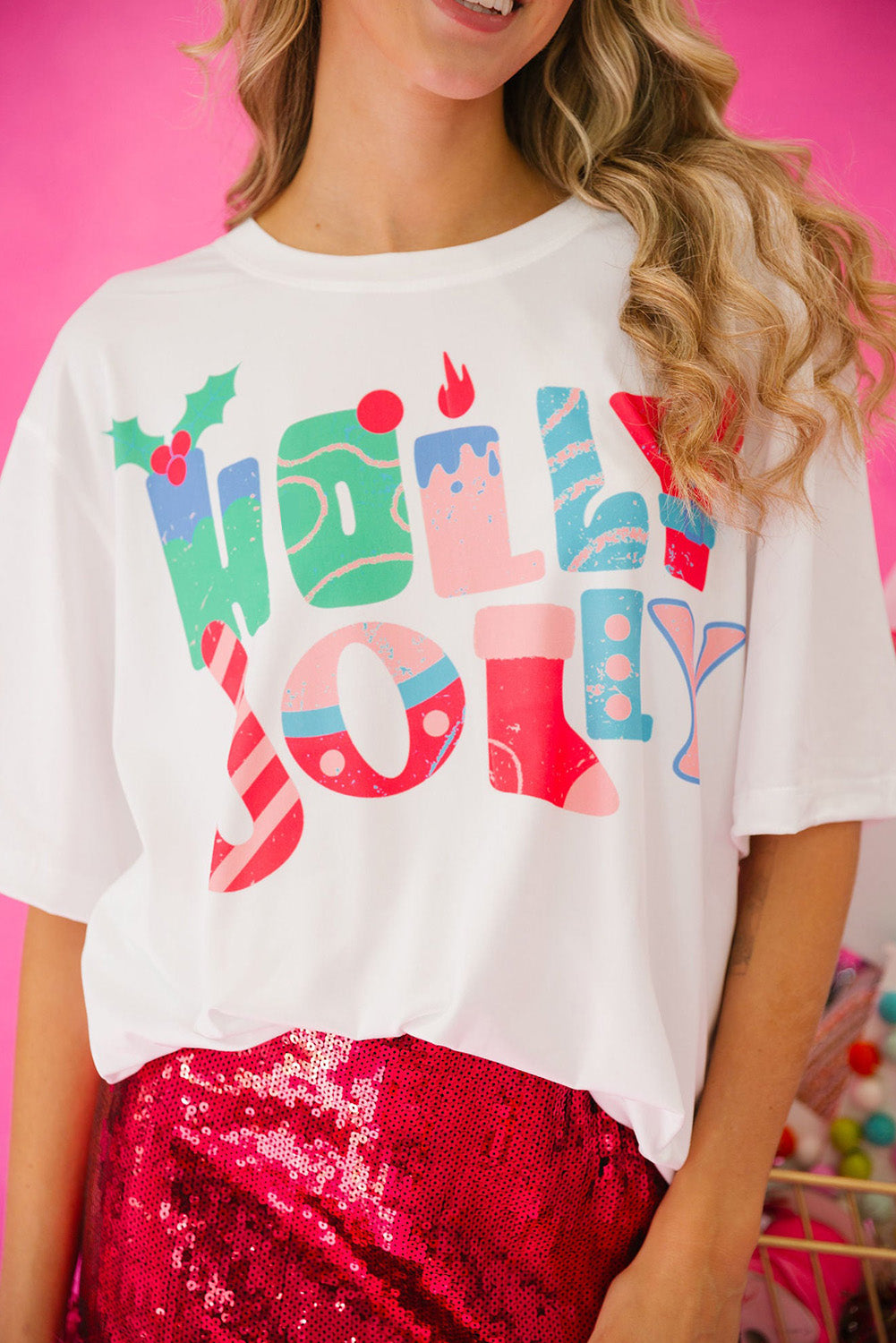 White HOLLY JOLLY Xmas Fashion Printed T-shirt Graphic Tees JT's Designer Fashion