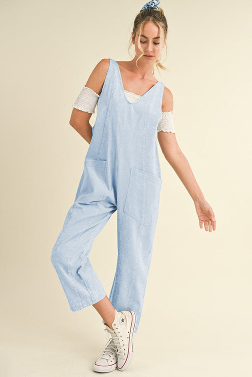 Beau Blue Adjustable Strap V Neck Pocketed Denim Overalls Jumpsuits & Rompers JT's Designer Fashion