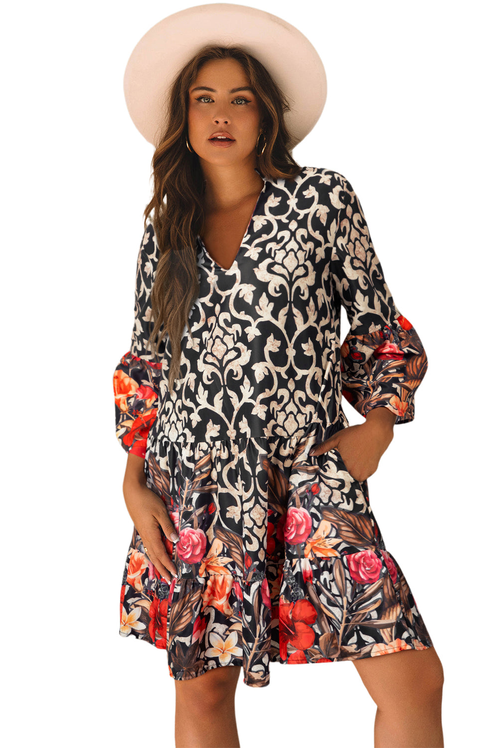 Black Retro Floral Mixed Print Split Neck A-line Dress Mini Dresses JT's Designer Fashion