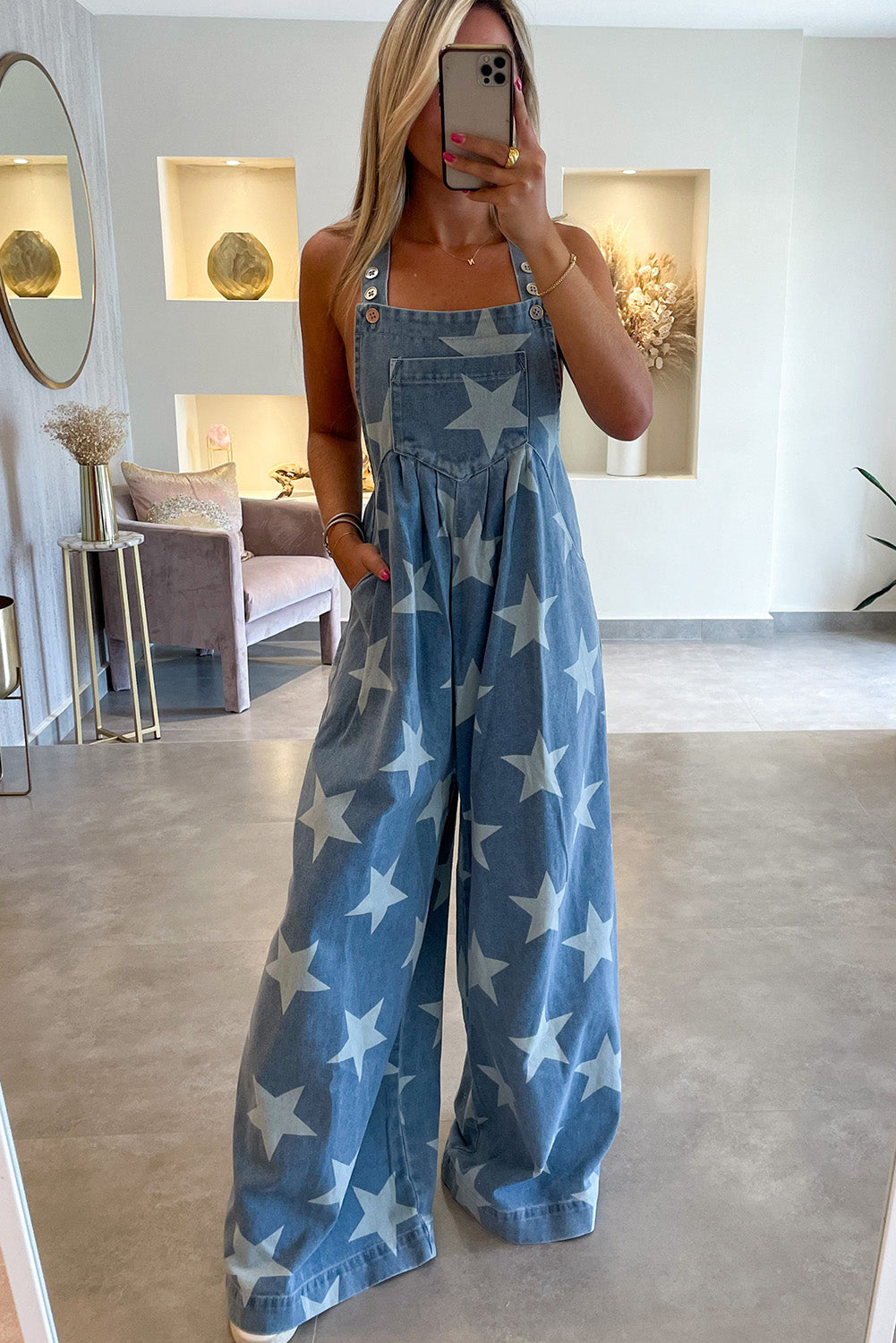 White Star Print Buttoned Strap Pleat Wide Leg Denim Overall Jumpsuits & Rompers JT's Designer Fashion