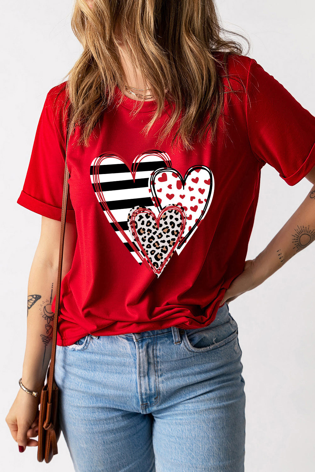 Red Leopard Striped Heart Shaped Print Crew Neck T Shirt Graphic Tees JT's Designer Fashion