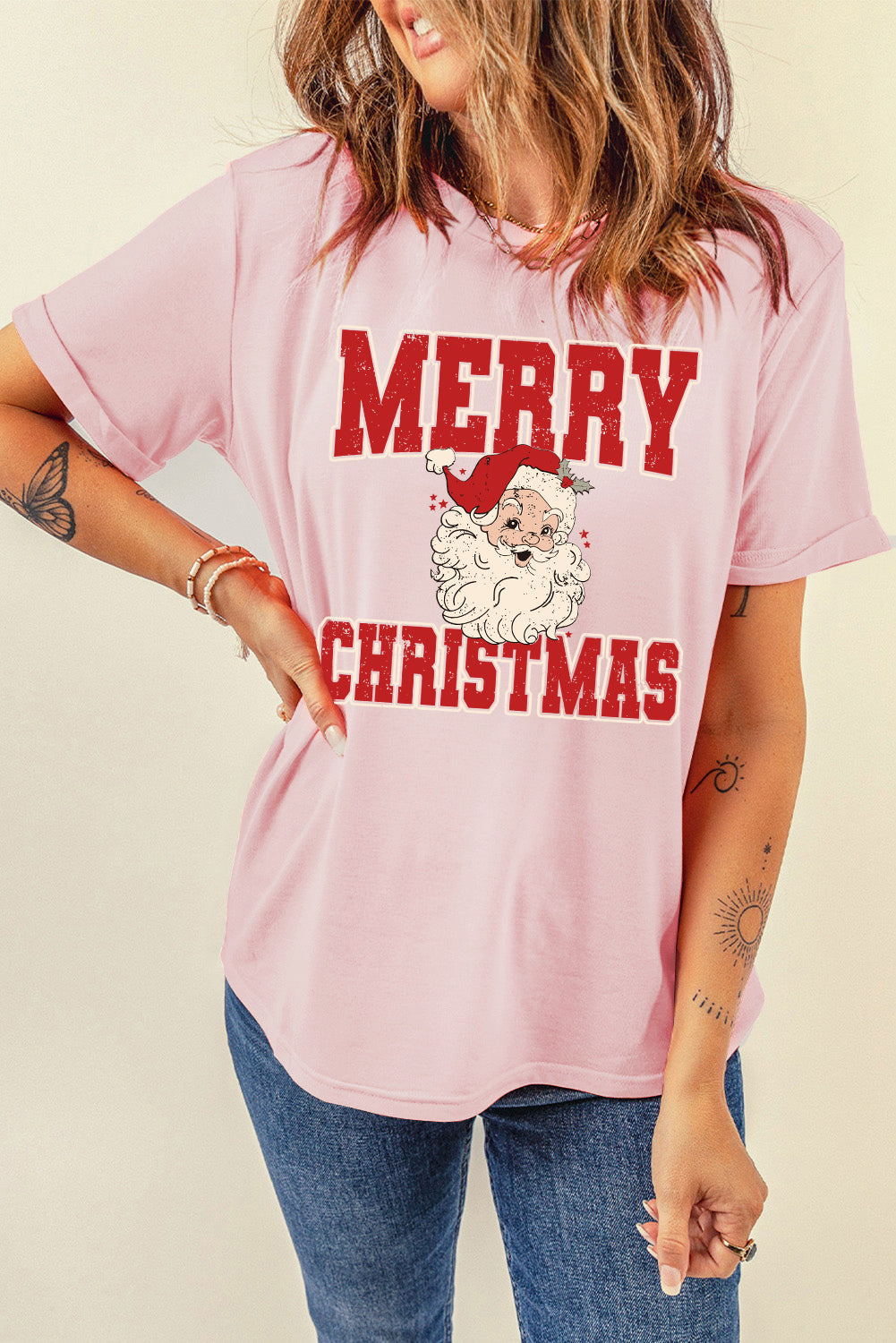 Pink MERRY CHRISTMAS Santa Claus Printed T Shirt Graphic Tees JT's Designer Fashion