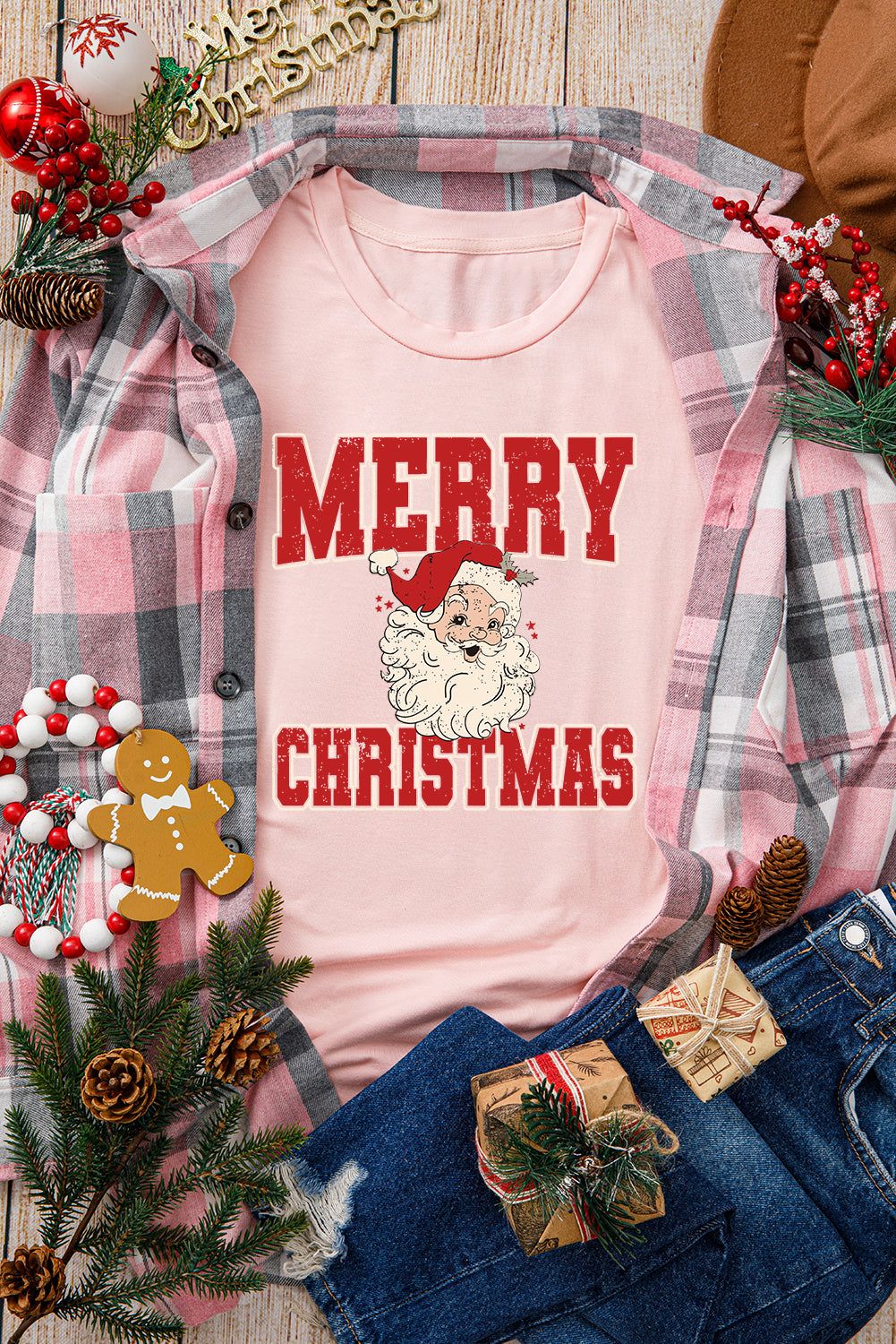 Pink MERRY CHRISTMAS Santa Claus Printed T Shirt Graphic Tees JT's Designer Fashion