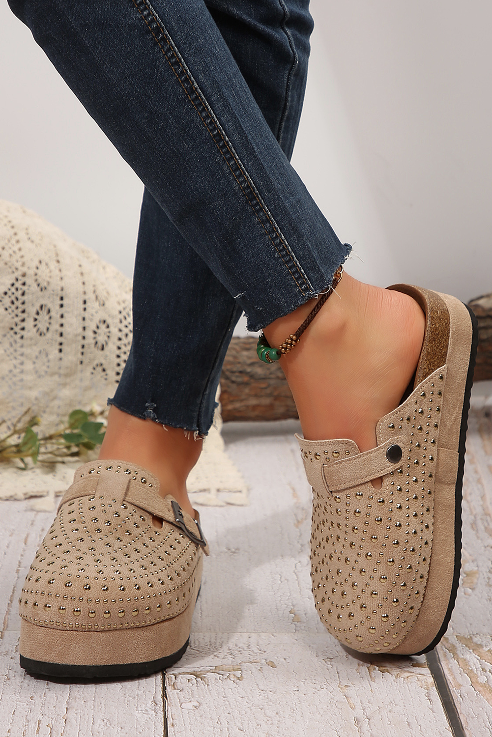 Parchment Rivet Buckle Closed Toe Platform Slippers Slippers JT's Designer Fashion