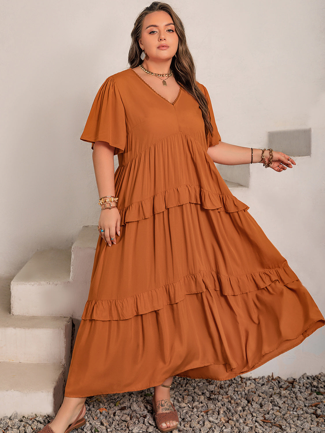 Plus Size V-Neck Flutter Sleeve Maxi Dress Maxi Dresses JT's Designer Fashion