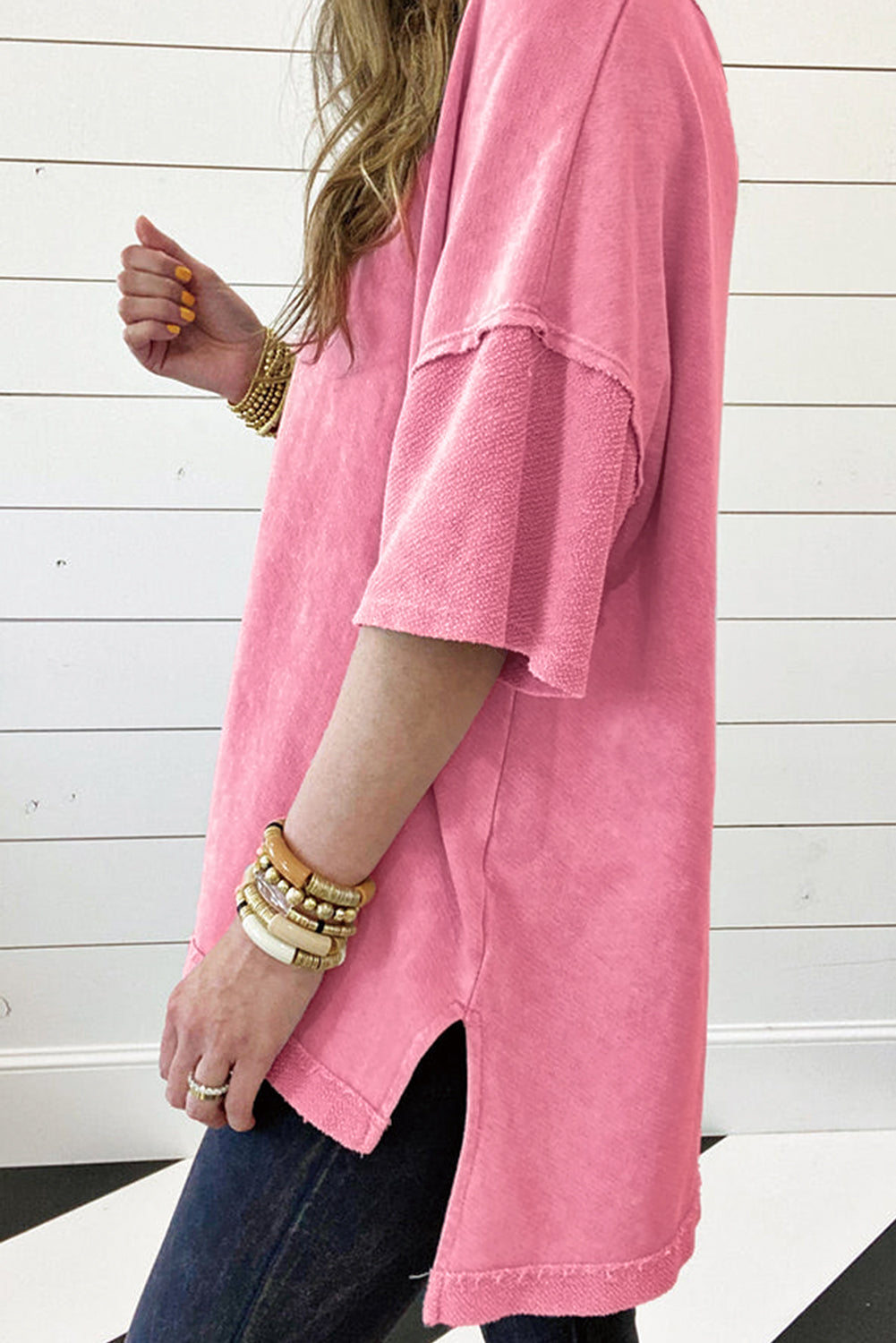 Strawberry Pink Mineral Wash Exposed Seam Drop Shoulder Oversized Tee Tops & Tees JT's Designer Fashion