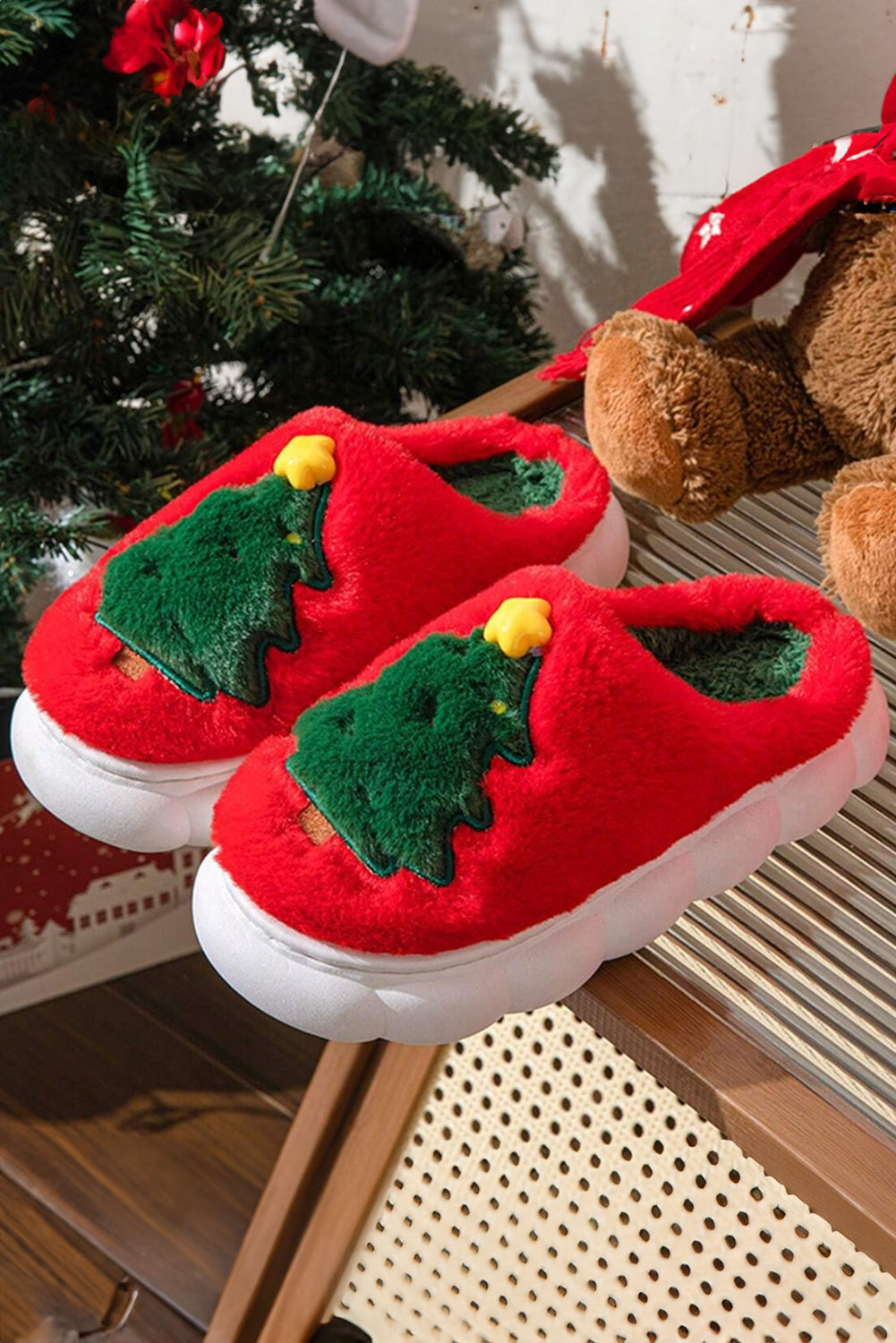 Fiery Red Christmas Tree Graphic Thick Sole Plush Slippers Slippers JT's Designer Fashion