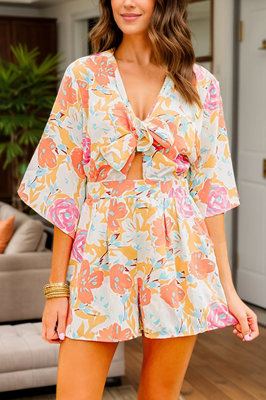 Tied Printed Half Sleeve Romper Tangerine Jumpsuits & Rompers JT's Designer Fashion