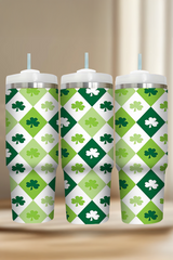 Green Clover Checkered Print Straw Large Tumbler 40oz Tumblers JT's Designer Fashion