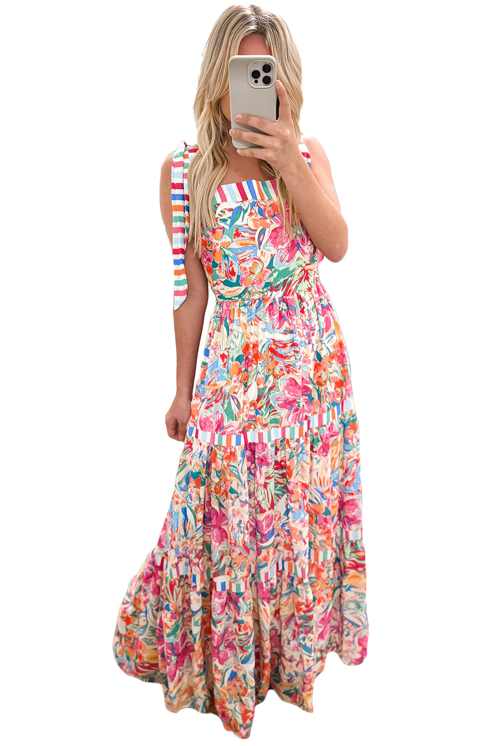 Rose Striped Trim Self-tie Straps Floral Maxi Dress Maxi Dresses JT's Designer Fashion