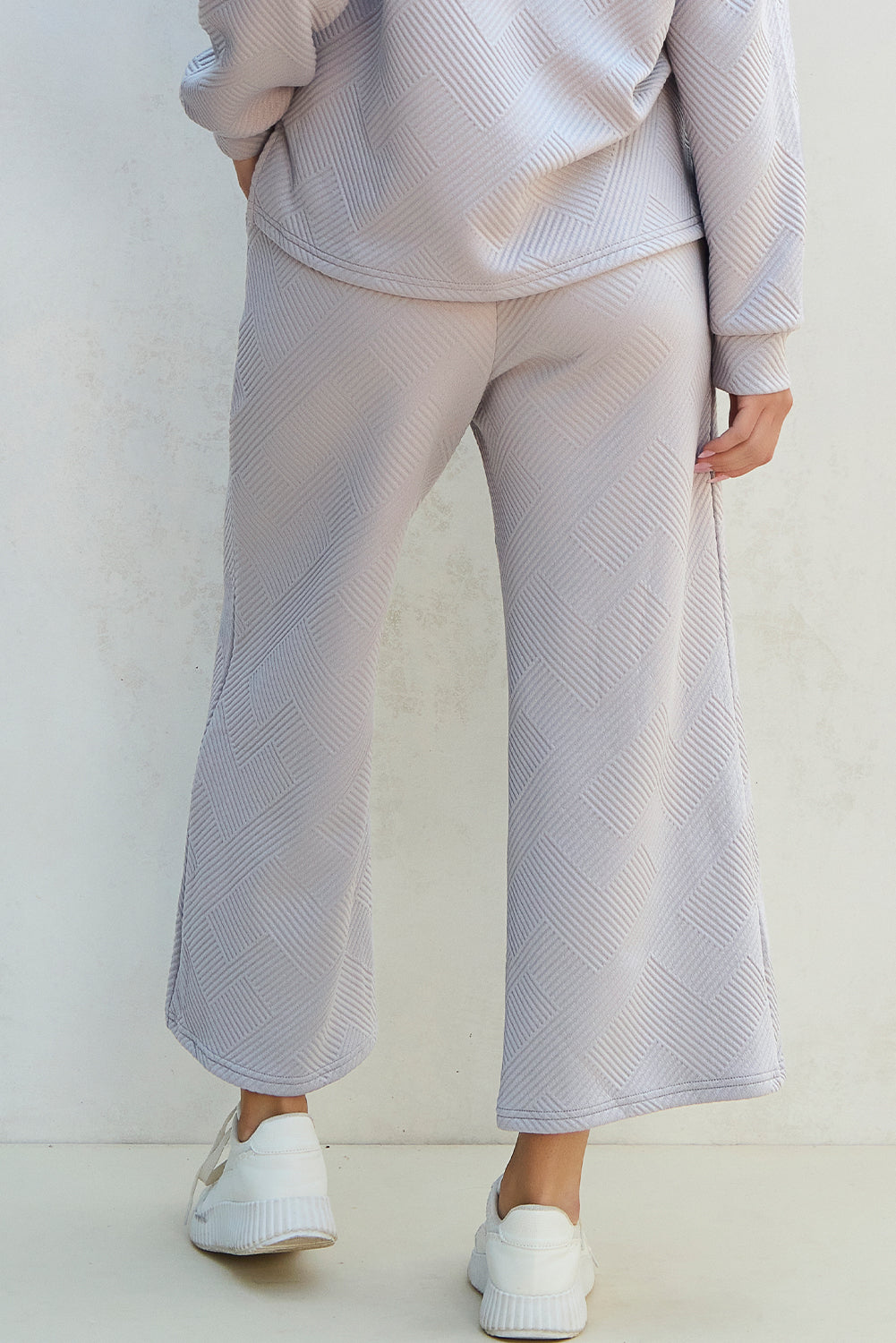 Light Grey Solid Textured Collared V Neck Top and Wide Leg Pants Set Pant Sets JT's Designer Fashion