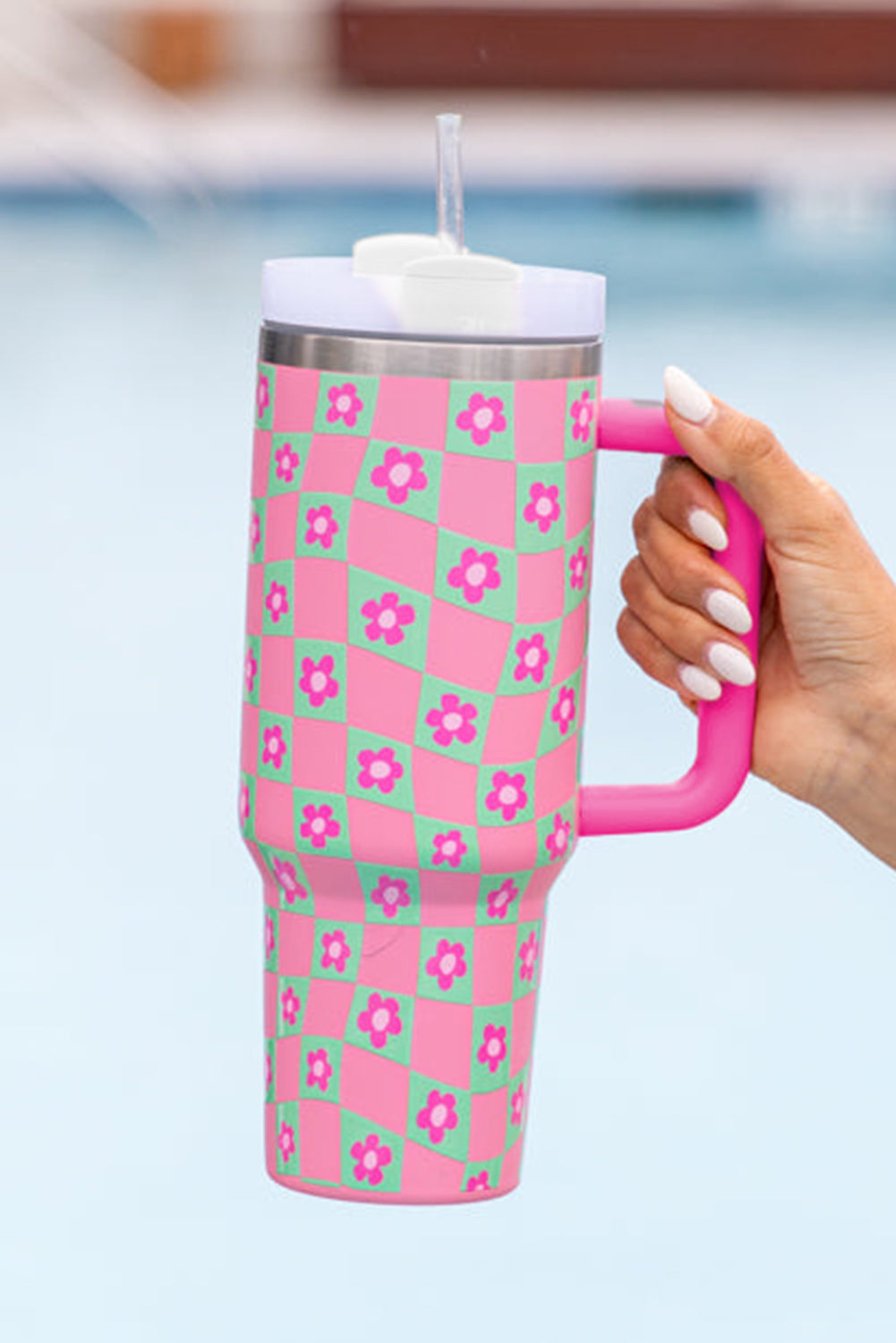 Bright Pink Flower Checkered Pattern Cup with Straw 40oz Tumblers JT's Designer Fashion