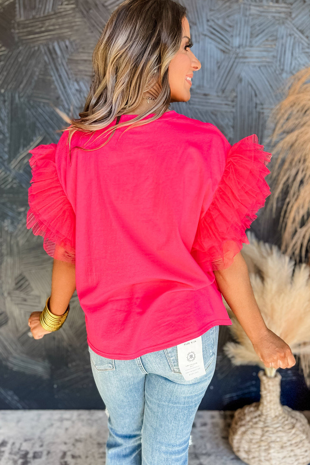 Strawberry Pink Rhinestone Embellished Tulle Sleeve Top Tops & Tees JT's Designer Fashion