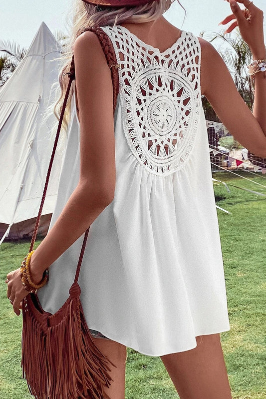 White Bohemian Crochet Patchwork Sleeveless Tunic Tank Tops JT's Designer Fashion