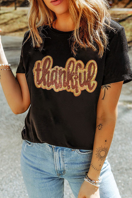 Black Sequined Thankful Round Neck Graphic Tee Graphic Tees JT's Designer Fashion