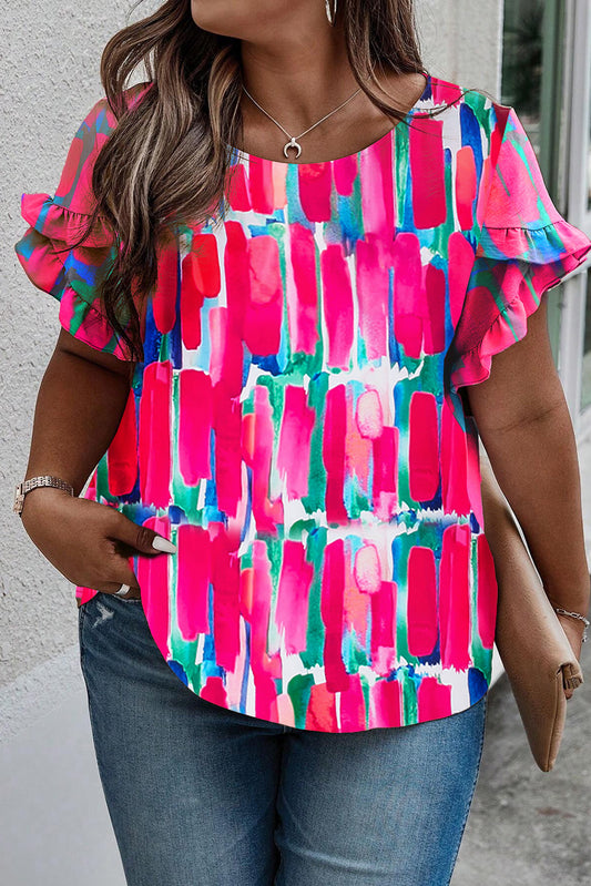 Rose Plus Size Abstract Print Ruffled Petal Sleeve Blouse Plus Size JT's Designer Fashion