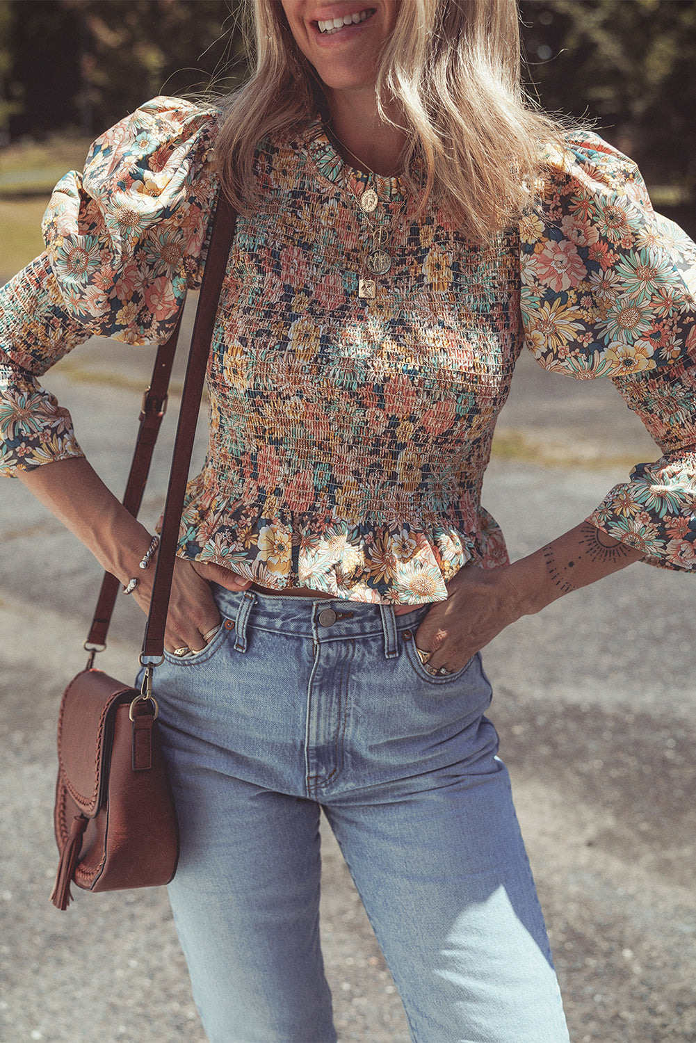 Yellow Floral Print Smocked Bubble Sleeve Ruffled Crop Top Blouses & Shirts JT's Designer Fashion