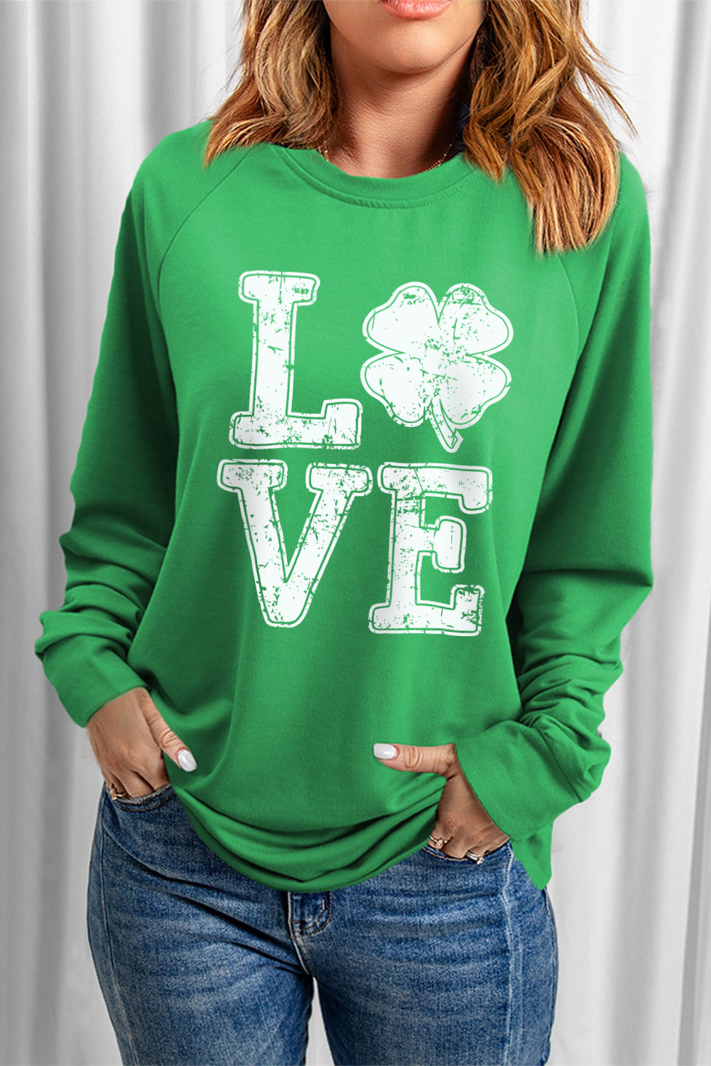 Green LOVE Clover Print Raglan Sleeve Pullover Sweatshirt Graphic Sweatshirts JT's Designer Fashion