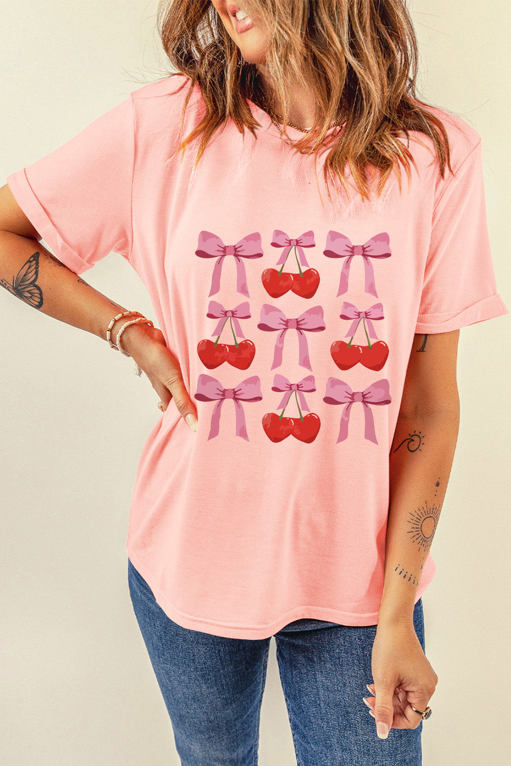 Pink Bow Cherry Print Crew Neck Casual T Shirt Graphic Tees JT's Designer Fashion