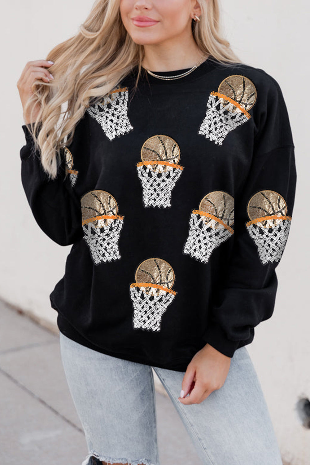 Black Basketball Patched Game Day Crew Neck Graphic Sweatshirt Graphic Sweatshirts JT's Designer Fashion