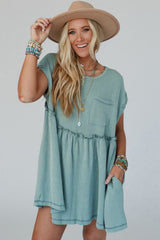 Canton Corded Knit Textured Patched Pocket Frilled Swing Mini Dress with Pockets Mini Dresses JT's Designer Fashion