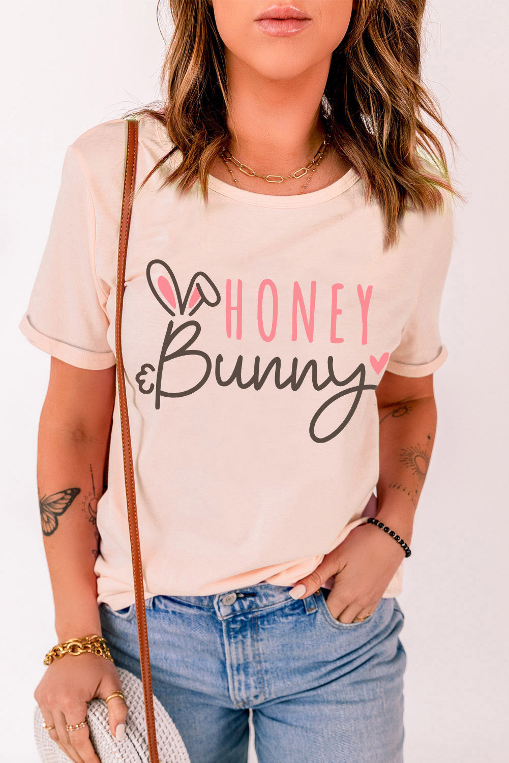 Pink HONEY Bunny Graphic Cuffed Sleeves T-shirt Graphic Tees JT's Designer Fashion